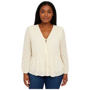 Elizabeth and James Cream V Neck Front Tie Long Sleeve Peplum Blouse